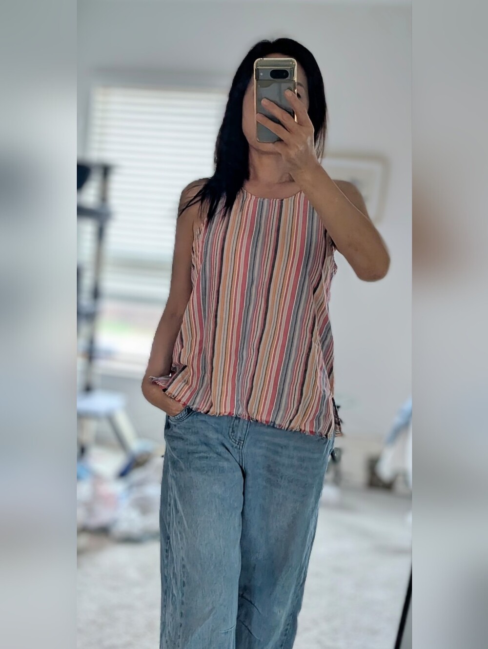 Anthropolpgie DREW  Linen Blend tank top Multi colored Striped and Frayed Hem